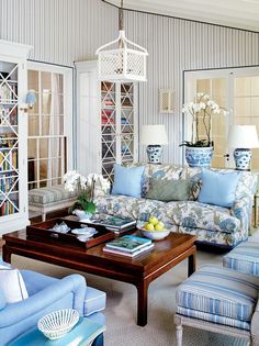 a living room with blue and white decor on the walls, couches and coffee table