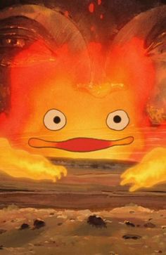 a cartoon character with big eyes and an angry expression on his face in front of a fire