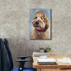 a painting of a brown dog sitting on top of a desk next to a blue chair