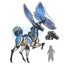 a drawing of a horse with blue and orange designs on it's back legs