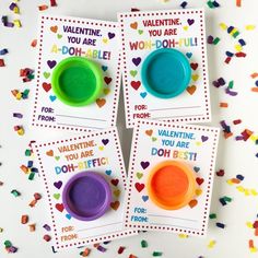 four valentine's day cards with different colored bowls and confetti sprinkles