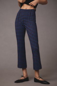 Meet Margot, a so-sleek high-rise pair boasting a kicky flare, flattering high-rise, and star-studded reviews. | The Margot Kick-Flare Cropped Pants by Maeve in Blue, Women's, Size: XS, Nylon/Viscose/Elastane at Anthropologie Trendy Blue Flared Hem Bottoms, Chic Stretch Blue Flares, Blue Flare Pants For Work, Chic Blue Fitted Flares, Chic Fitted Bottoms With Flared Hem, Chic Blue Wide-leg Flares, Retro Fitted Bottoms With Flared Hem, Spring Workwear Bottoms With Flared Hem, Chic Blue Flare Wide Leg Pants