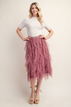 Embellished Tulle Layered Midi Skirts with Elastic Waist Band Models are 5'8" and 5'9" both wearing small. Fabric Contents 100% Polyester Pink Tulle Skirt Bottoms For Party, Feminine Flowy Skirt For Party, Fitted Pink Tulle Bottoms, Spring Stretch Tulle Bottoms, Elegant Pink Tulle Skirt Bottoms, Spring Party Tulle Skirt Bottoms, Spring Party Tulle Bottoms, Fitted Feminine Bottoms With Tulle Skirt, Feminine Pink Tulle Skirt Bottoms