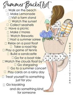 a woman in a dress holding an ice cream cone with the words summer bucket list on it