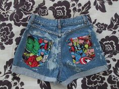 The Avengers Marvel Comic High Waisted Thor Captain Acid Wash America Spiderman Birthday Party Wolverine Hulk Iron Man Denim Jean Shorts by CANDYPANTSclothing, $40.00 Marvel Clothes, Painted Jeans, Trendy Swimwear, Acid Wash Jeans, Painted Denim, Acid Wash Denim, Painted Clothes, Denim Jean Shorts, Outfit Trends