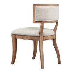 a wooden chair with a beige upholstered seat and backrest, against a white background