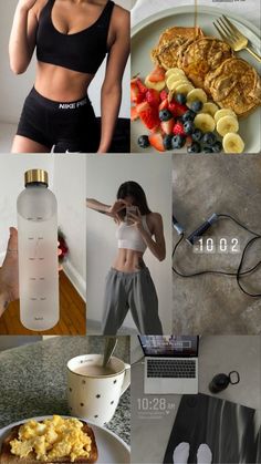 a collage of photos with different foods and drinks on them, including pancakes, eggs, fruit, water bottle, laptop