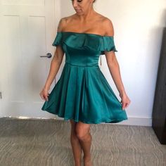 Brand New With Tags, Satin Green Off The Shoulder Dress. Stays Up Very Well. Fitted Green Mini Dress For Bridesmaid, Bridesmaid Mini Dress With Pleated Bodice, Green Mini Length Homecoming Dress, Green A-line Dress For Homecoming, Green Dresses For Date Night With Fitted Bodice, Bridesmaid Dresses With Pleated Bodice And Mini Length, Green Satin Mini Dress With Sweetheart Neckline, Green Cocktail Dresses With Sweetheart Neckline, Green Mini Dress For Wedding