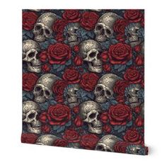 red roses and skulls on black background canvas wall art print