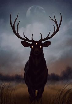 a deer with glowing eyes standing in tall grass under a moon filled sky at night