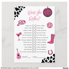 a pink and black cow print bachelor party game on a white card with the words, what she's father?