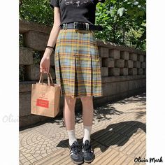 Olivia Mark - Galactic Soda Plaid A-Line Skirt - Sweet, Vintage High-Waisted Plaid Design Casual Lined Hip-length Skirt, Casual Hip-length Lined Skirt, Casual Spring Skort, Hip-length, Casual Hip-length Skort For Spring, Casual Hip-length Mini Skirt For Spring, High Waist Pleated Skirt For School, Casual High-waist School Skirt, Casual Summer School Pleated Skirt, Casual Pleated Skirt For School In Summer