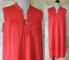 Such an adorable 60's peignoir nightgown  -Tag: ShadowLine -Made in USA -Tag says size Medium (see measurements) -100% nylon -Solid bright red -Keyhole collar with ribbon ties and lace edges -Overall great vintage condition with no holes or stains, but there is an area of subtle contrast from stretching. Please see close ups. It is easy to miss.   Feel free to message me with questions!! Measurements Taken While Flat (multiply x2): Shoulder: about 15" across Bust: up to 21" across Bottom Hem: 26.5" across  Top to Bottom: 41" down Red Spring Nightgown For Sleep, Slip Gown, Lace Edges, Women's Nightgowns, Pajama Robe, Solid Red, Ribbon Tie, Lace Edging, Bra Styles