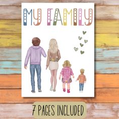 a family card with the words, 7 pages included in multicolored font