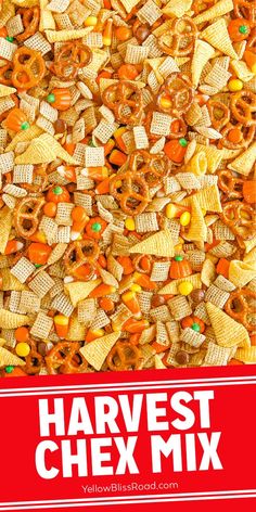 cornflakes and chex mix with the words harvest chex mix over it