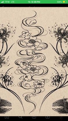 an abstract drawing with flowers and swirls on the back of a cell phone screen