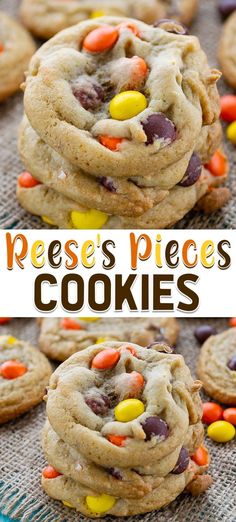 reese's pieces cookies are stacked on top of each other and ready to be eaten