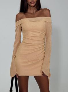 Villar Off The Shoulder Mini Dress Gold Going Out Dresses Classy, Aesthetic Lookbook, Off The Shoulder Mini Dress, Vegas Dresses, New Years Eve Dresses, Eve Dresses, Fleece Dress, Disco Outfit, Sparkle Dress