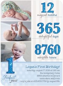 a baby's first birthday party card with photos