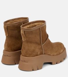 Shearling Lined Suede Ankle Boots in Brown - Gianvito Rossi | Mytheresa High-top Suede Boots With Textured Sole, Beige Shearling Boots With Suede Lining, Brown Shearling Boots With Leather Sole, Brown Shearling Boots With Rubber Sole, Luxury Brown Shearling Boots, Brown Ankle Boots, Cold Season, Suede Ankle Boots, Leather Items