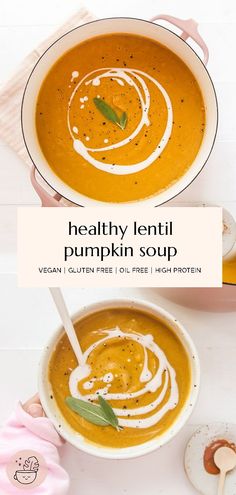 healthy lentil pumpkin soup in a white bowl