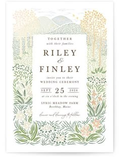 a wedding card with an illustration of trees and flowers on the front, in white