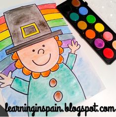 a child's drawing of a lepreti girl wearing a hat and holding her hands up