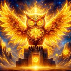 an owl sitting on top of a pyramid surrounded by fire and flames in the sky