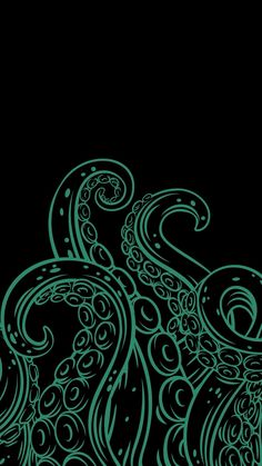 an octopus is swimming in the ocean on a black background with green swirls and bubbles