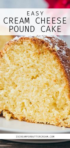 Close up image of pound cake with text overlay. Cream Cheese Box Cake Recipes, Box Cake With Cream Cheese, Cake Recipes With Cream Cheese, Cake Mix And Cream Cheese Recipes, Cream Cheese And Cake Mix Recipes, Pound Cake With Icing Recipes, Cake Mix Cream Cheese, Cake Mix With Cream Cheese