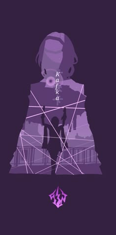 the silhouette of a woman in front of a purple background with geometric shapes and lines