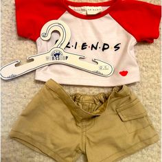 Build A Bear Outfit - 20 % Discount - 1 Friends T-Shirt ($13) - 1 Khaki Short With Pocket ($9) - 1 Hanger Build A Bear Clothes, Bear Outfit, Build A Bear Outfits, Friends T Shirt, Bear Outfits, Friends Tshirt, Build A Bear, Shorts With Pockets, Aesthetic Clothes