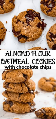 almond flour oatmeal cookies with chocolate chips are stacked on top of each other