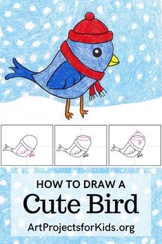 how to draw a cute bird in the snow with pictures and instructions for children's drawings