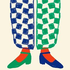 two pairs of shoes with different colors and patterns on the legs, one in red, one in blue