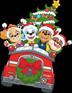 cartoon characters are riding in the back of a firetruck with a christmas tree on top