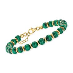 Ross-Simons - 7mm Malachite Bead Bracelet in 18kt Gold Over Sterling. 7". Boasting a gorgeous shade of deep green, this 7mm round malachite bead bracelet adds sophisticated color to your everyday style. Features 18kt yellow gold over sterling silver spacers that add a stylish touch. Includes a 1" extender. Lobster clasp, malachite bead bracelet. Malachite Bracelet, Natural Gold, Sterling Jewelry, Fine Jewelry Bracelets, Bracelet Collection, Colorful Bracelets, Gemstone Bracelets, Jewelry Projects, Deep Green