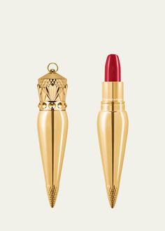 Christian Louboutin Lipstick, Red Tips, Expensive Makeup, Crown Cap, Cupids Bow, Satin Lipstick, Gold And Red, Lip Brush, Small Rings