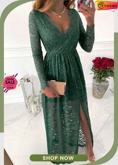 Green White White Red Long Sleeve V Neck Lace Maxi Dress with Split Dress With Necklace, Green Wedding Dresses, V Neck Design, Dress With Split, Evening Dresses Cocktail, Maxi Dress Wedding, Modern Women, Lace Maxi, Green Lace