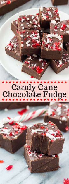 candy cane chocolate fudge on a white plate with red and white sprinkles