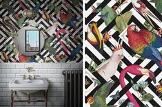 the bathroom is decorated with colorful birds and tropical leaves on black and white tiles, along with a wall - mounted mirror