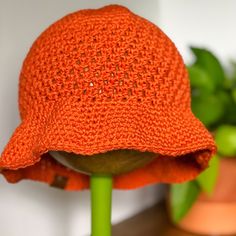 "Orange crochet bucket hat handmade with high quality 100% mercerized cotton is durable, strong, and totally washable. (Which makes it a perfect fit for the beach or outdoor markets and festivals.)  The slightly ruffled brim keeps sun out of your face and eyes, but doesn't impair sight lines, making it an ideal hat for spring and summer. Hat is light and comfy and it comes is many colour varieties.  Hats are one-size, fitting the average head 21-22.5\" with some stretch for comfort.  See differe Orange Crochet Hat, Cotton Beach Hat, Purple Cottagecore, Hat Cottagecore, Cottagecore Hat, Cottagecore Summer, Bucket Hat Summer, Orange Crochet, Summer Hats Beach