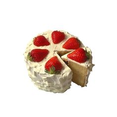 a cake with white frosting and strawberries on top is cut in half to show the inside