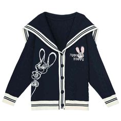 Dive into the whimsical world of Zootopia with this charming preppy cardigan, featuring an exclusive Judy Hopps collaboration. This stylish piece boasts a distinctive Sailor Collar, adding a touch of nautical flair to your outfit. The front button placket ensures easy wearability, while the contrast trim provides a chic, polished finish.  Garment Size   	 		 			Size 			S 			M 			L 		 		 			Full Length 			67 			69 			71 		 		 			Shoulders 			64 			66 			68 		 		 			Bust 			126 			130 			134 Preppy Cardigan, Zootopia Judy, Blue Preppy, Steampunk Fashion Male, Gothic Skirts, Judy Hopps, Brown Cardigan, Sailor Collar, Collar Cardigan