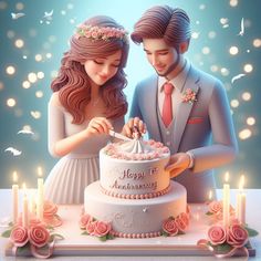 a couple cutting their wedding cake with candles