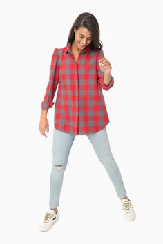 Every girl needs a plaid shirt for fall, and it doesn’t get better than this one. The slightly puffed shoulders and placket-covered buttons put a feminine spin on a traditional button-down. Wear it untucked with denim for daytime adventures, and tucked into black suede leggings for a dinner. Heck, go ahead and sleep in it! Yeah - it’s that good.

Button-fastening on sleeves
Button fastenings through front
Slight puff shoulder
Relaxed, tunic fit Suede Leggings, Girl Needs, Monogram Styles, Go Ahead, Navy Stripes, Get Better, Every Girl, Red Plaid, Covered Buttons