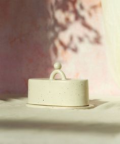 a small white object sitting on top of a table next to a tree and pink wall