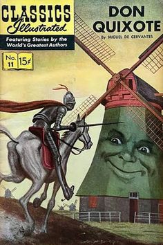 an old book cover with a man on a horse and windmill in the back ground