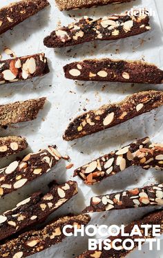 chocolate biscotti with almonds on top and the words chocolate biscotti above it