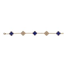 This is a limited edition Vintage Alhambra 5 motif bracelet that was released by Van Cleef & Arpels for their 50th Anniversary. It comes in Blue Sevres Porcelain, 18k yellow gold and has twenty-four round, brilliant cut diamonds with a lobster claw clasp.Origin: FranceCondition: New and never worn Accompanied by: VCA green jewelry boxMeasurements: 6.5mm circumference x 15mm width Vintage Diamond Bracelet, Sevres Porcelain, Gold Vans, Authentic Vans, Van Cleef And Arpels, Porcelain Blue, Green Jewelry, Van Cleef Arpels, Van Cleef